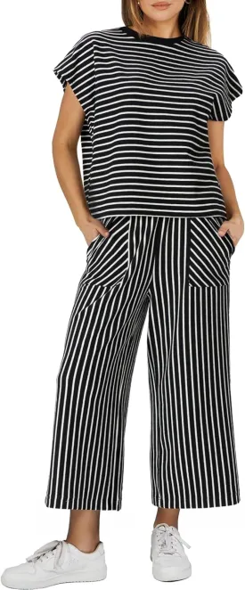 2 Piece Sets for Women Summer Outfits Short Sleeve Top Wide Leg Crop Pants Womens Matching Sets for Travel Vacation