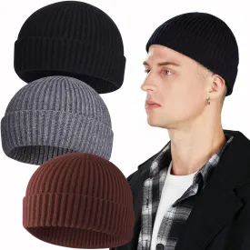 3PCS Short Fisherman Beanie Hat for Men Women, Wool Knit Cuff Winter Warm Hats