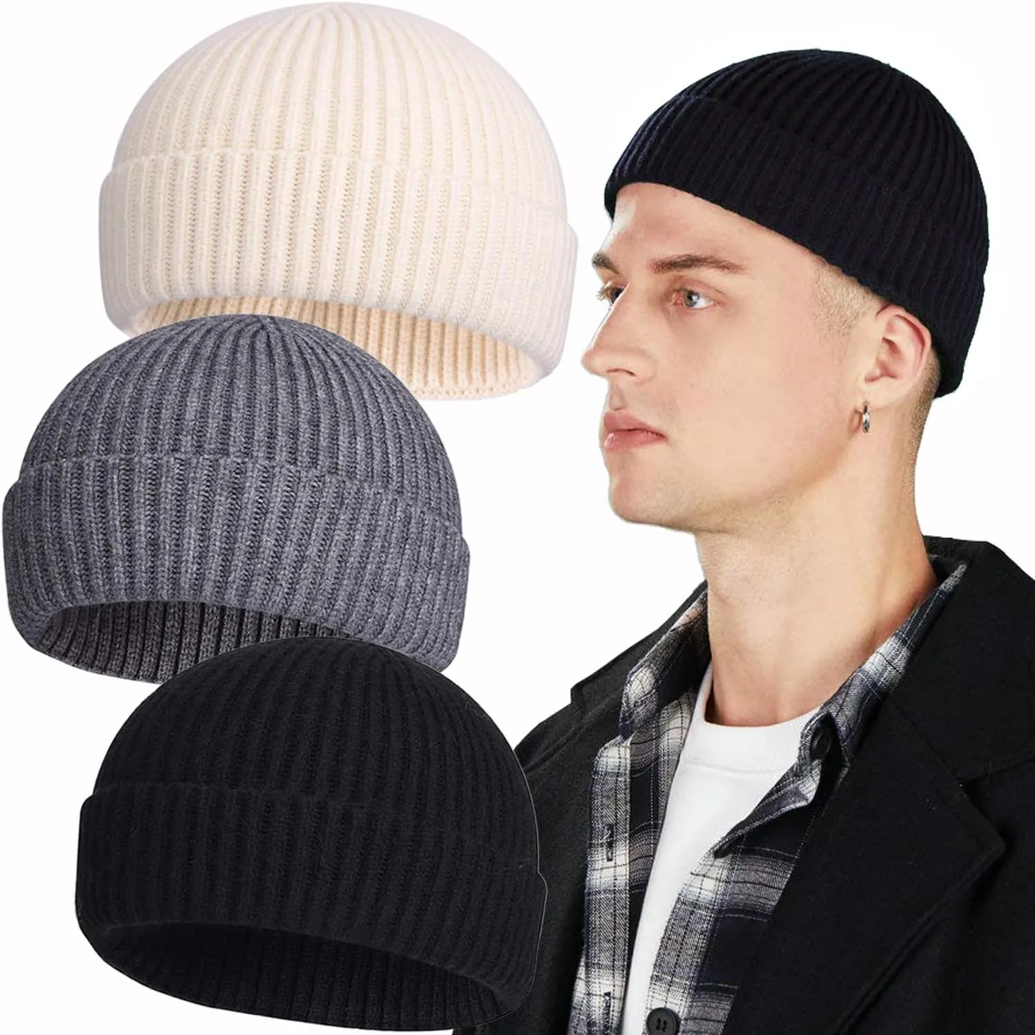 3PCS Short Fisherman Beanie Hat for Men Women, Wool Knit Cuff Winter Warm Hats