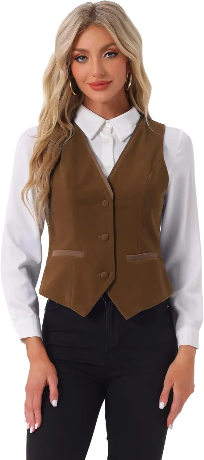 Allegra K Velvet Suit Waistcoat for Women's Retro Sleeveless Steampunk Blazer Dressy Vest