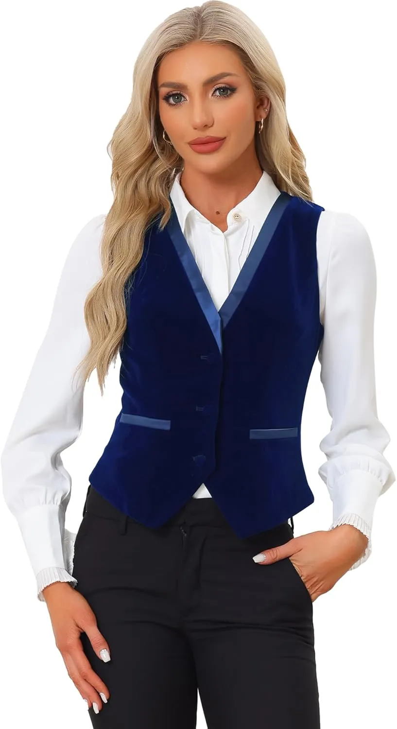 Allegra K Velvet Suit Waistcoat for Women's Retro Sleeveless Steampunk Blazer Dressy Vest