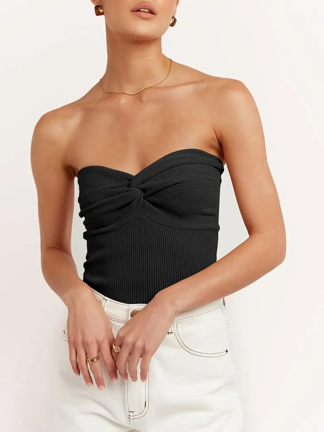 ANRABESS Tube Top for Women Summer Strapless Bandeau Knit Twist Knot Corset Crop Basic Tank Top 2025 Vacation Outfits Clothes