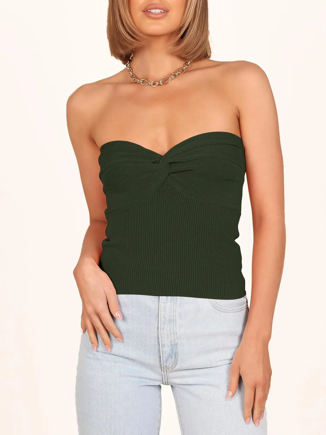 ANRABESS Tube Top for Women Summer Strapless Bandeau Knit Twist Knot Corset Crop Basic Tank Top 2025 Vacation Outfits Clothes