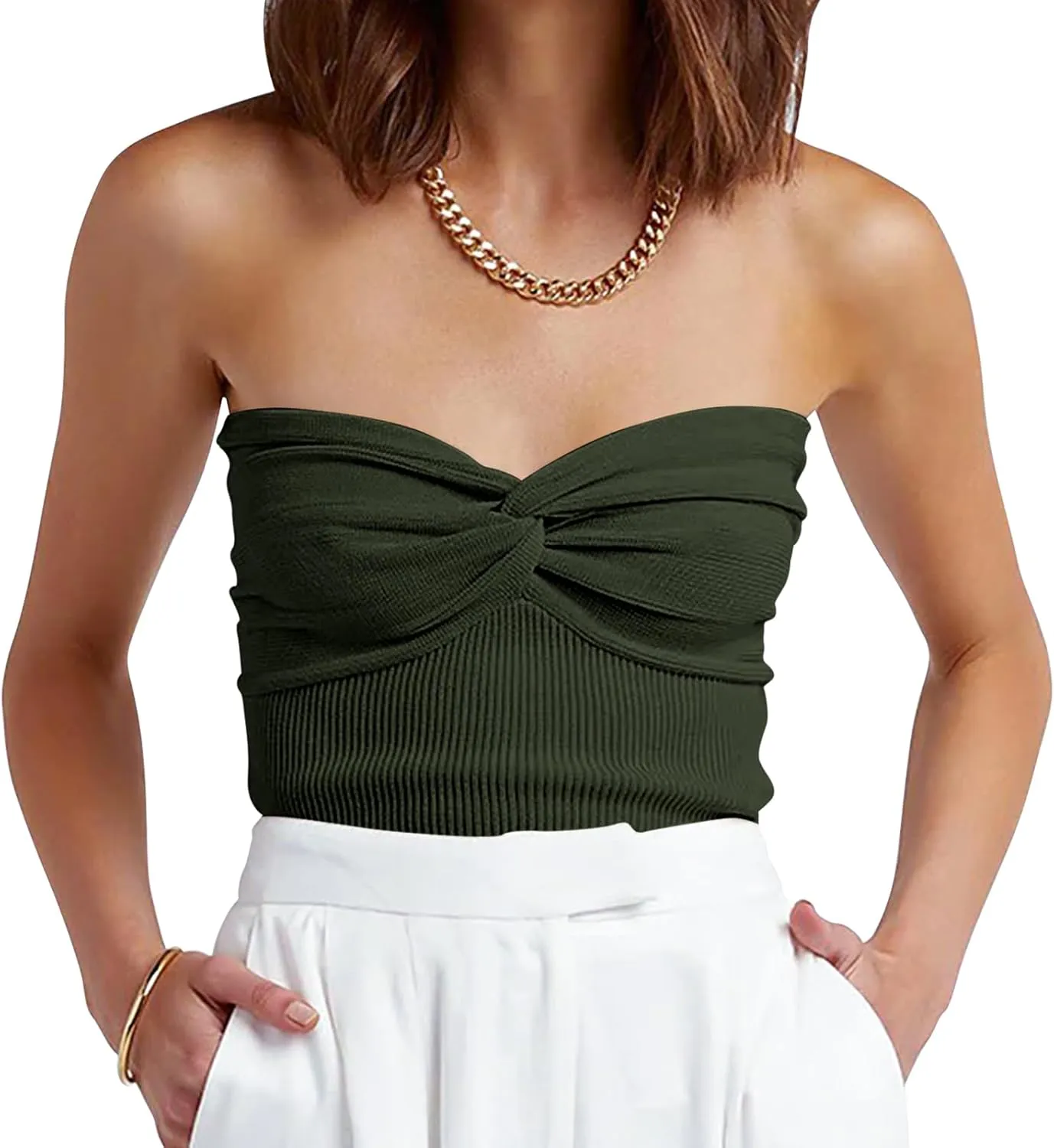 ANRABESS Tube Top for Women Summer Strapless Bandeau Knit Twist Knot Corset Crop Basic Tank Top 2025 Vacation Outfits Clothes