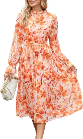 ANRABESS Women's Floral Midi Dress Puff Long Sleeve Casual Ruffle Chiffon A-Line Swing Pleated Belted Tea Party Dresses
