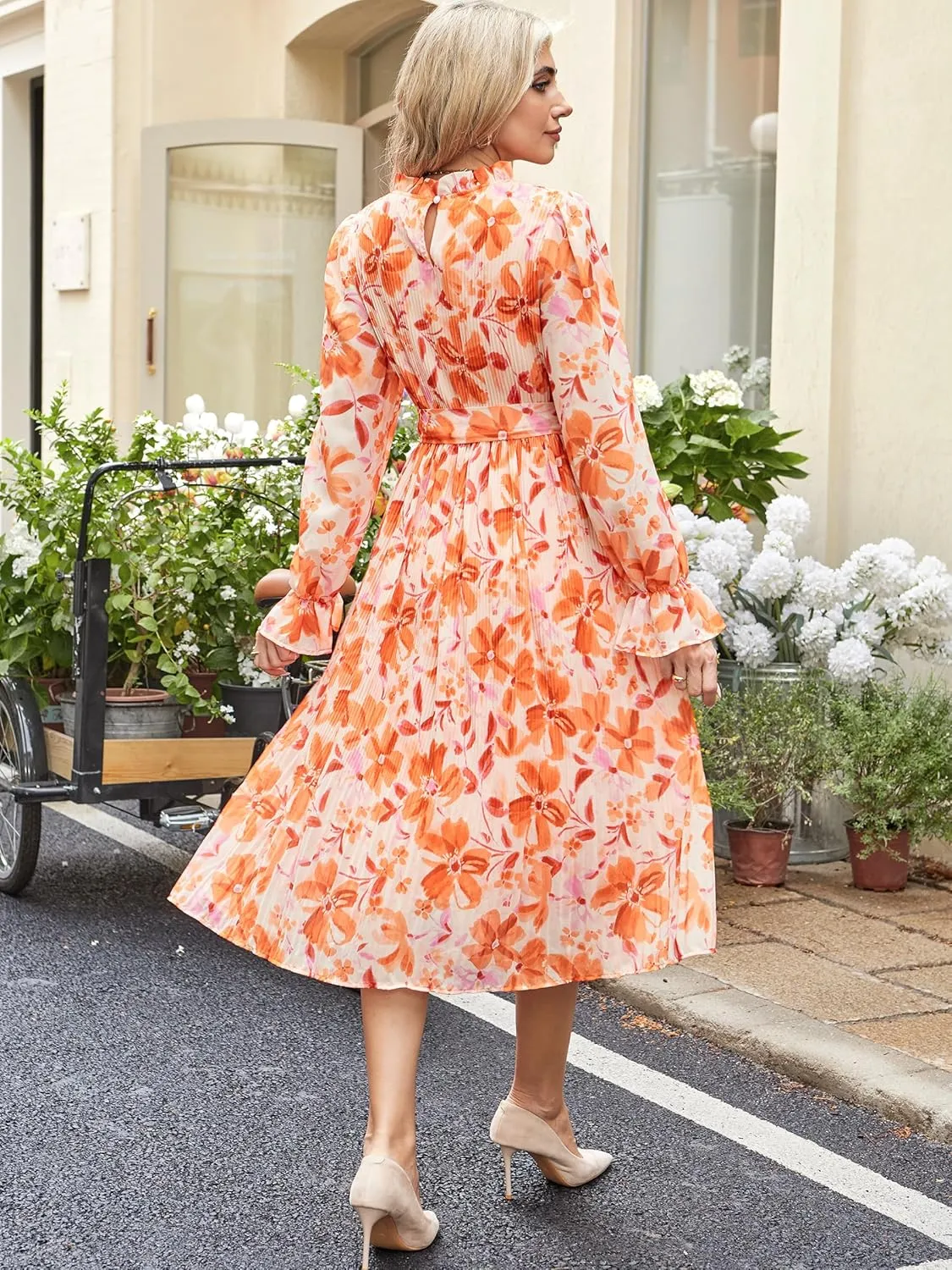 ANRABESS Women's Floral Midi Dress Puff Long Sleeve Casual Ruffle Chiffon A-Line Swing Pleated Belted Tea Party Dresses