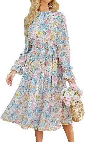 ANRABESS Women's Floral Midi Dress Puff Long Sleeve Casual Ruffle Chiffon A-Line Swing Pleated Belted Tea Party Dresses