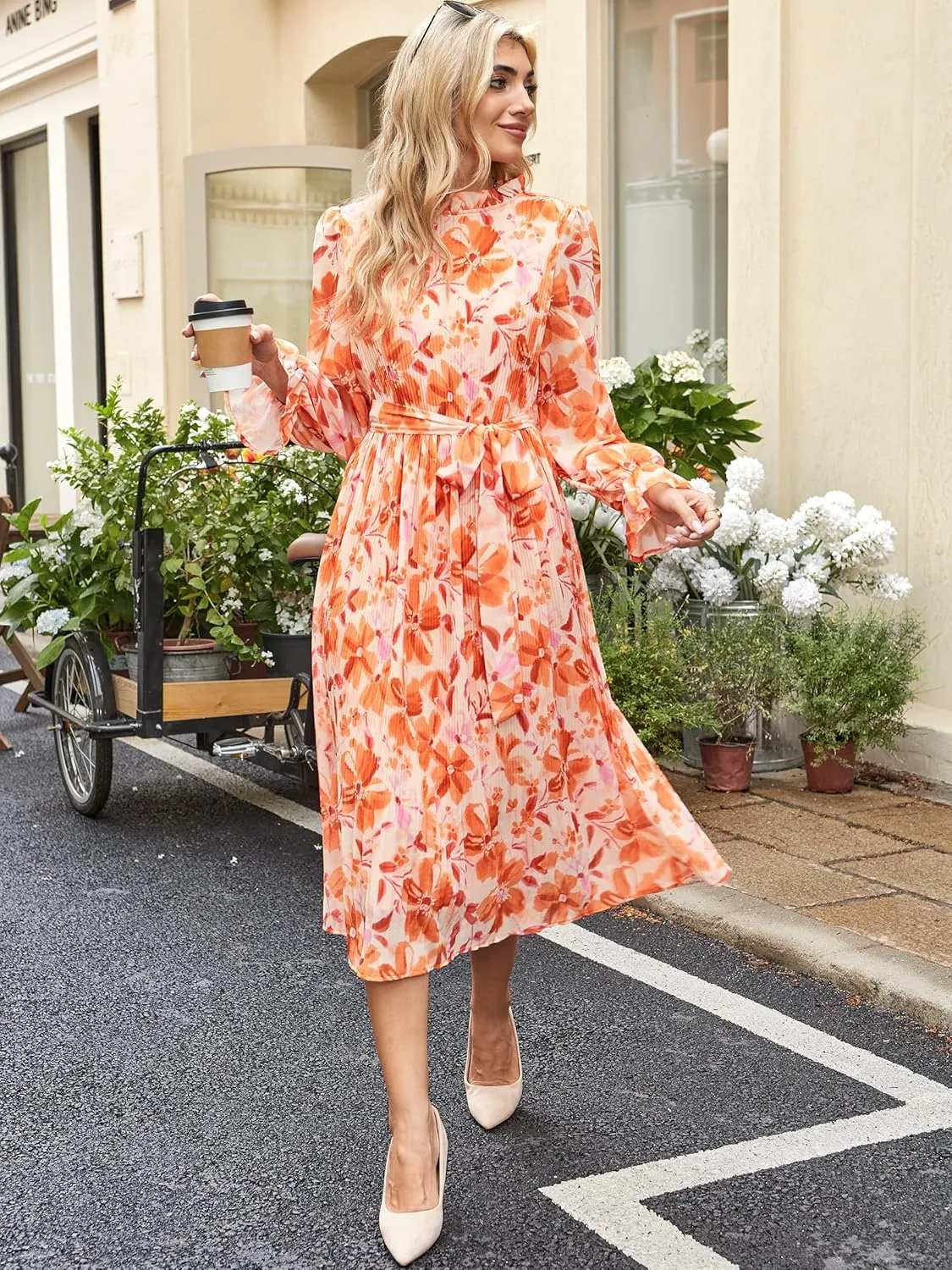 ANRABESS Women's Floral Midi Dress Puff Long Sleeve Casual Ruffle Chiffon A-Line Swing Pleated Belted Tea Party Dresses
