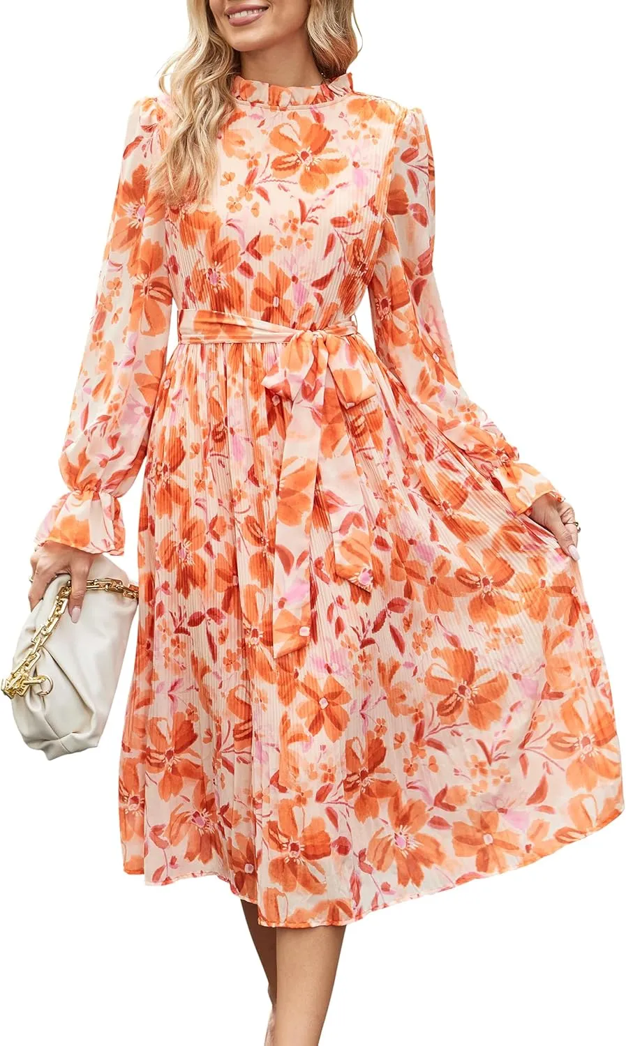 ANRABESS Women's Floral Midi Dress Puff Long Sleeve Casual Ruffle Chiffon A-Line Swing Pleated Belted Tea Party Dresses
