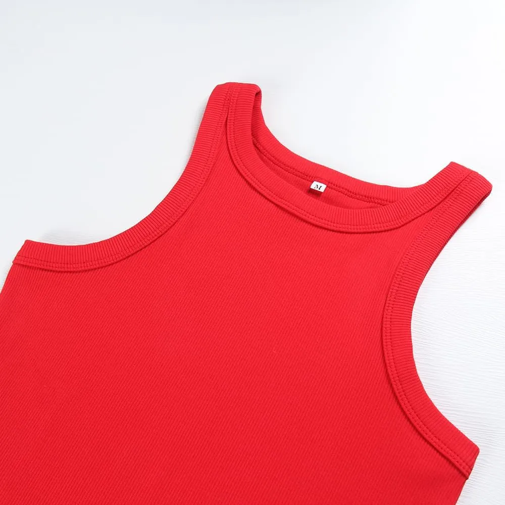 Artfish Women's Sleeveless Full Length Ribbed Fitted Racerback Workout Crew High Neck Basic Tank Top