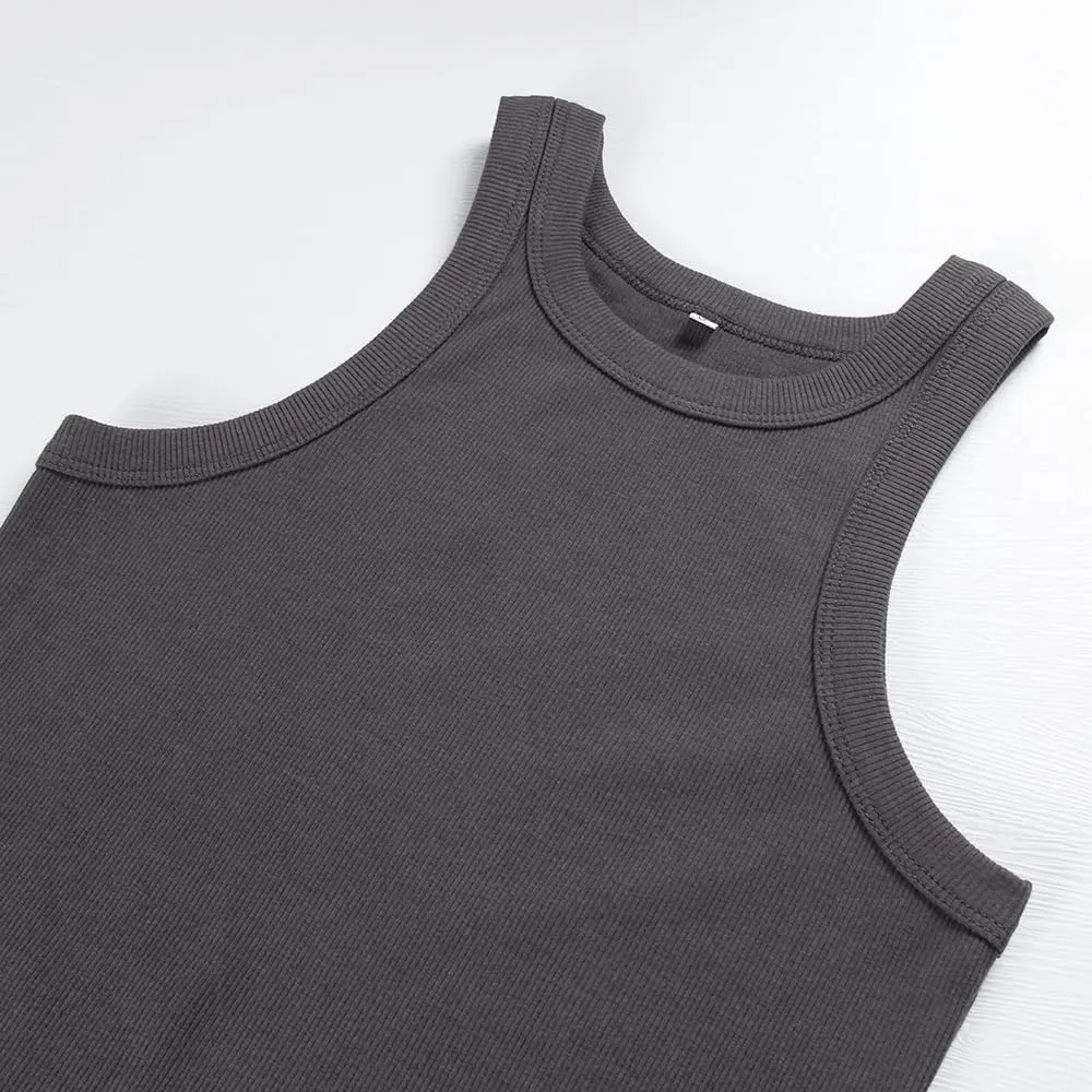 Artfish Women's Sleeveless Full Length Ribbed Fitted Racerback Workout Crew High Neck Basic Tank Top