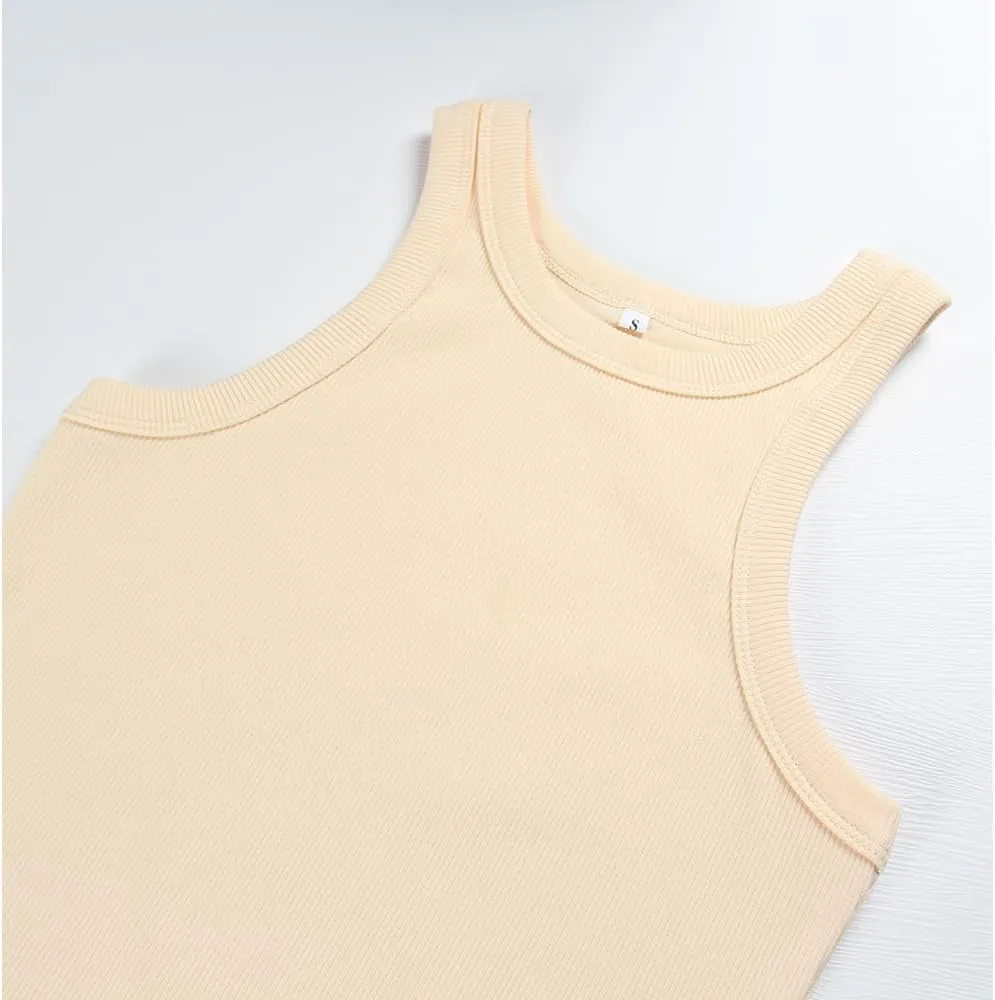 Artfish Women's Sleeveless Full Length Ribbed Fitted Racerback Workout Crew High Neck Basic Tank Top