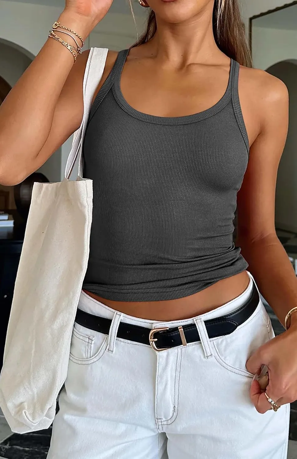 ATHMILE Women Tank Top Sleeveless Scoop Neck Form Fitting Ribbed Knit Basic Cami Shirts