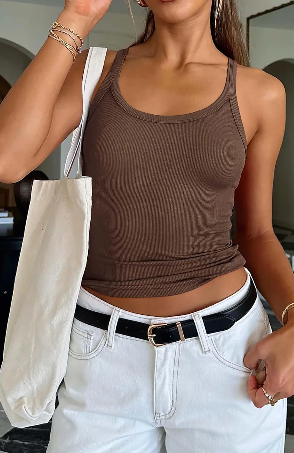 ATHMILE Women Tank Top Sleeveless Scoop Neck Form Fitting Ribbed Knit Basic Cami Shirts