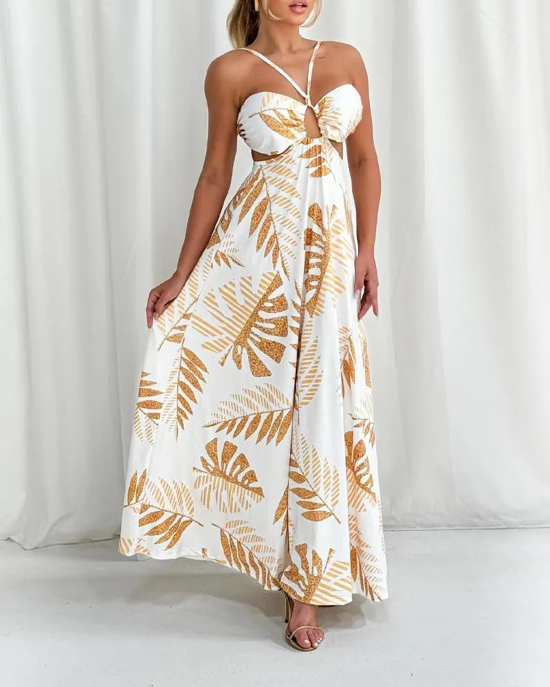 CHICME Summer Maxi Dress for Women Floral Halter Sleeveless A-Line Sundress Casual Waist Hollow Out Beach Dress