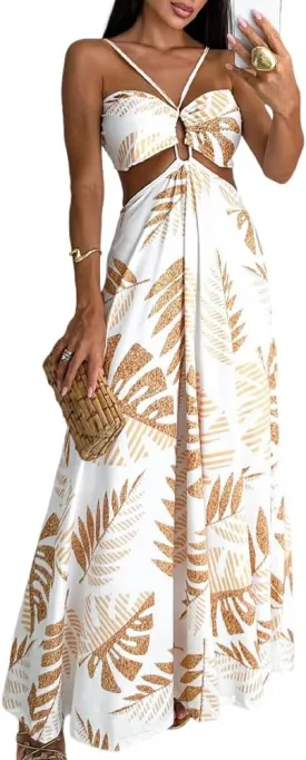 CHICME Summer Maxi Dress for Women Floral Halter Sleeveless A-Line Sundress Casual Waist Hollow Out Beach Dress