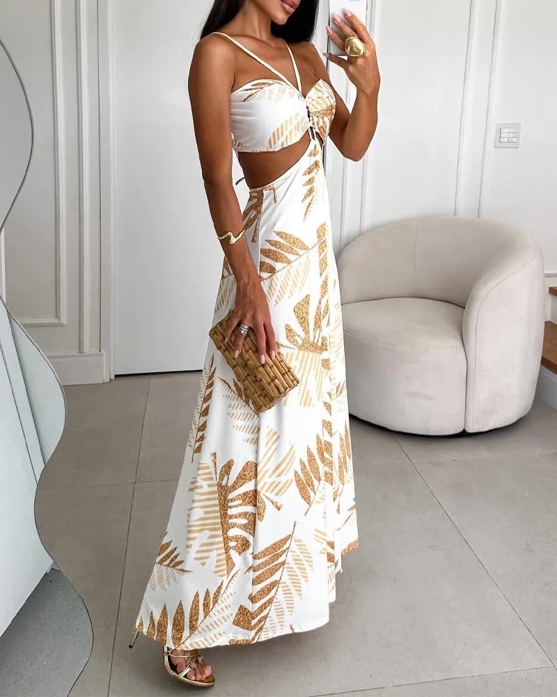 CHICME Summer Maxi Dress for Women Floral Halter Sleeveless A-Line Sundress Casual Waist Hollow Out Beach Dress