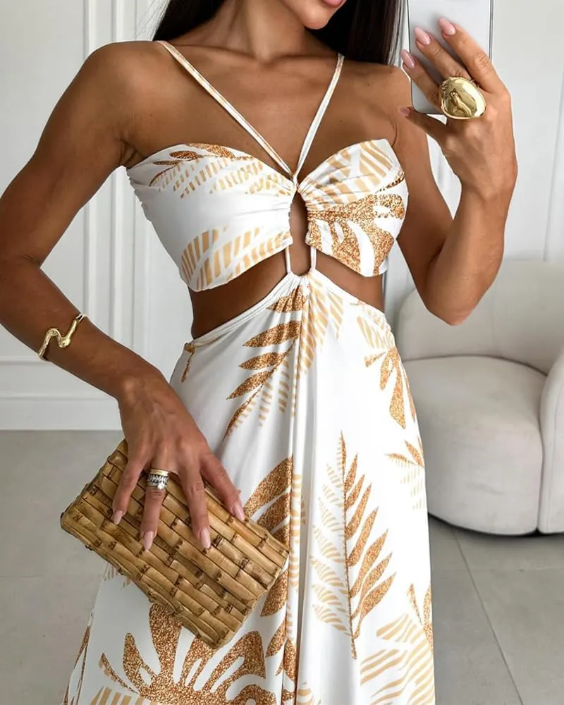 CHICME Summer Maxi Dress for Women Floral Halter Sleeveless A-Line Sundress Casual Waist Hollow Out Beach Dress
