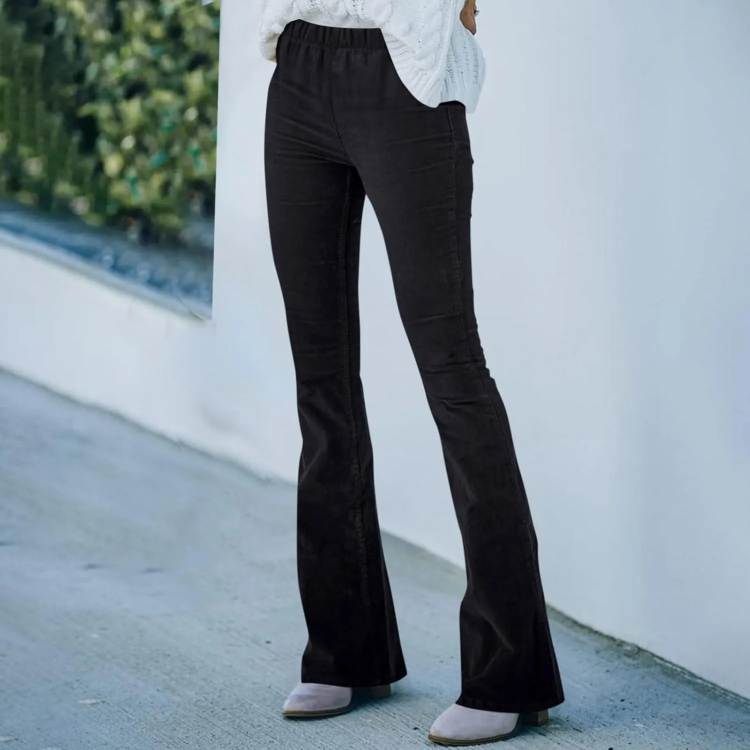 Corduroy Pants Women Casual Elastic High Waisted Flare Pants Bell Bottom Comfy Work Pants Cord Trousers Pants