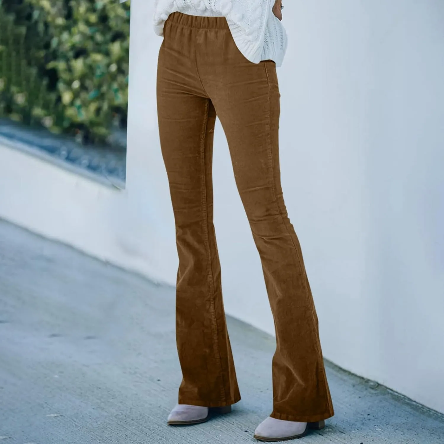 Corduroy Pants Women Casual Elastic High Waisted Flare Pants Bell Bottom Comfy Work Pants Cord Trousers Pants