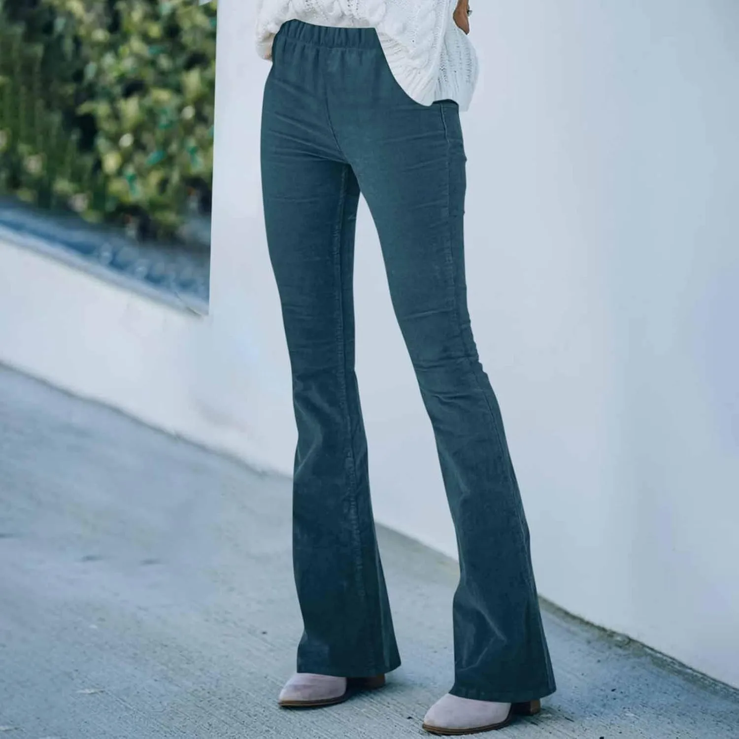Corduroy Pants Women Casual Elastic High Waisted Flare Pants Bell Bottom Comfy Work Pants Cord Trousers Pants