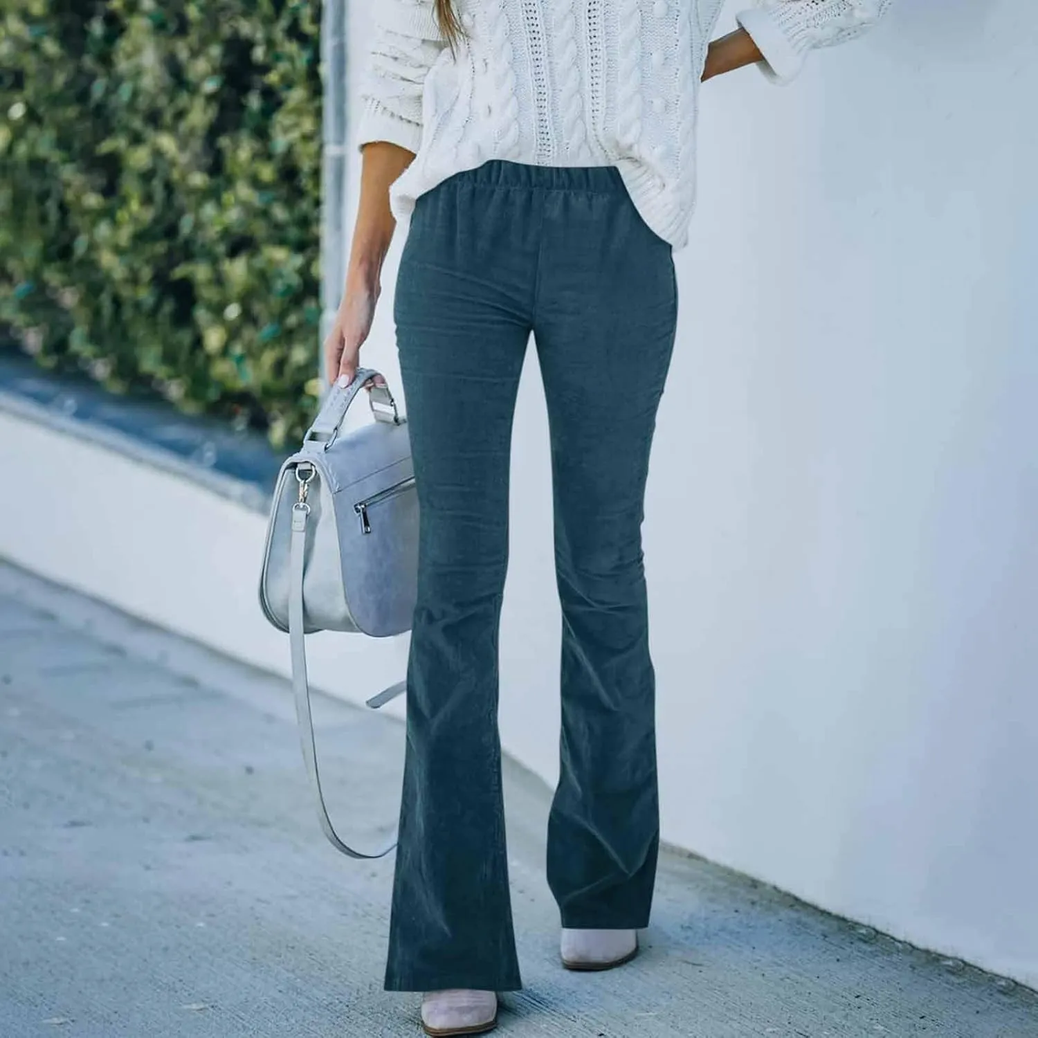 Corduroy Pants Women Casual Elastic High Waisted Flare Pants Bell Bottom Comfy Work Pants Cord Trousers Pants