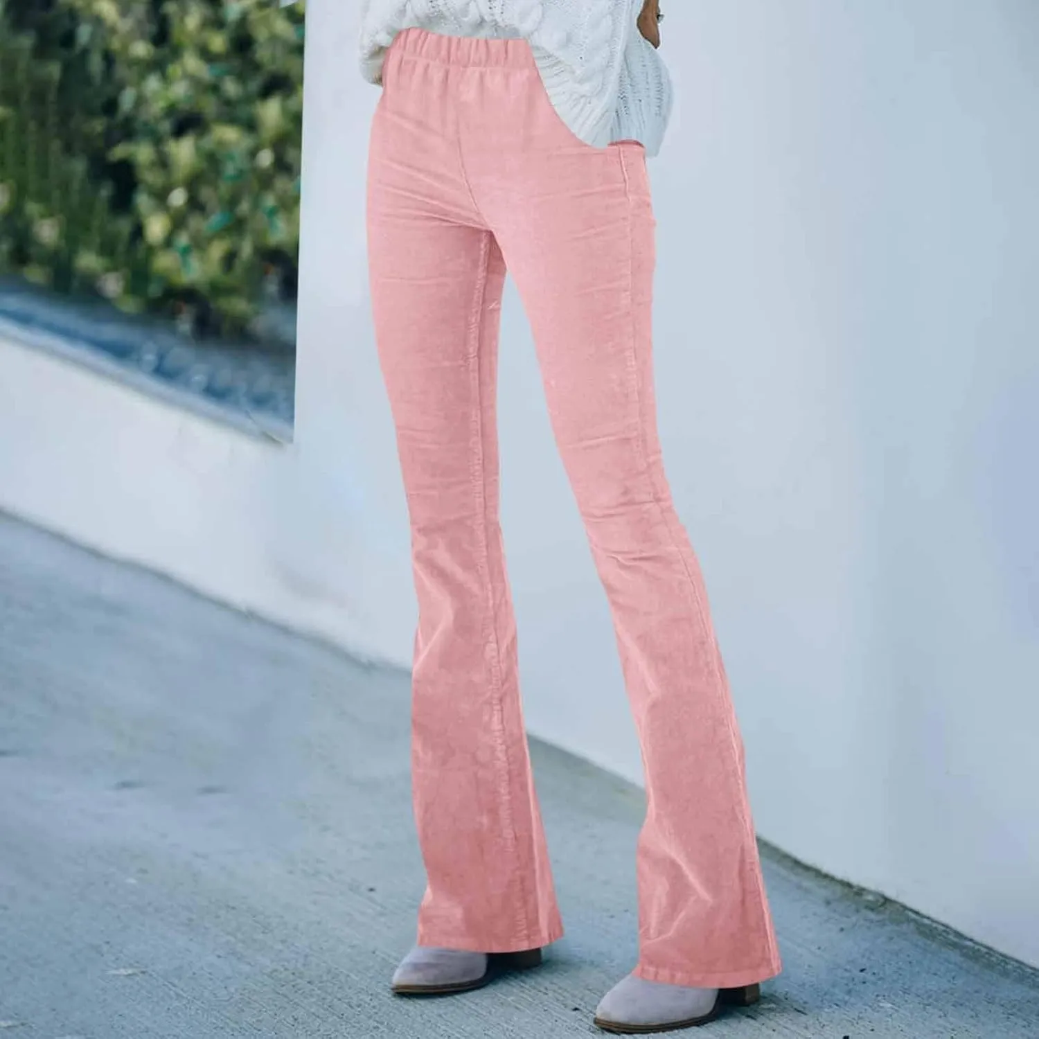 Corduroy Pants Women Casual Elastic High Waisted Flare Pants Bell Bottom Comfy Work Pants Cord Trousers Pants