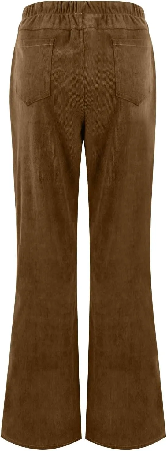 Corduroy Pants Women Casual Elastic High Waisted Flare Pants Bell Bottom Comfy Work Pants Cord Trousers Pants