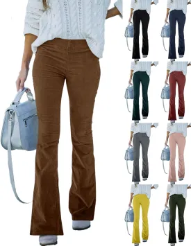 Corduroy Pants Women Casual Elastic High Waisted Flare Pants Bell Bottom Comfy Work Pants Cord Trousers Pants