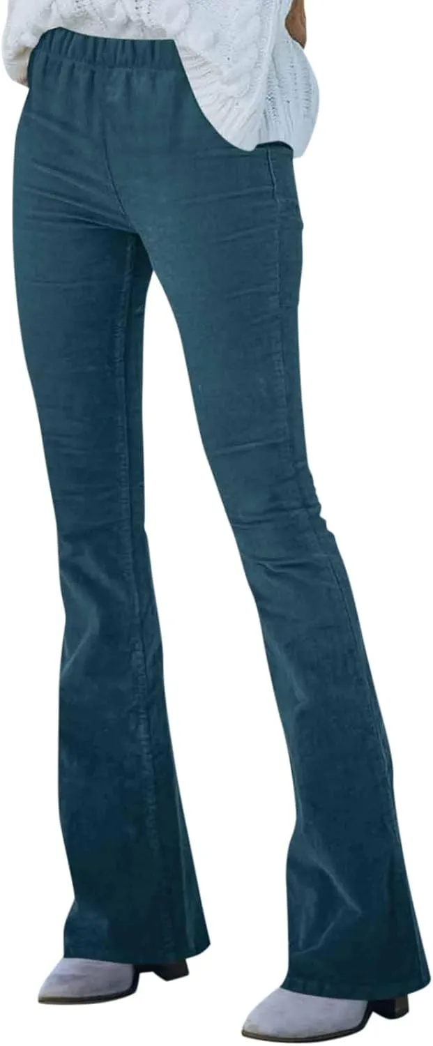 Corduroy Pants Women Casual Elastic High Waisted Flare Pants Bell Bottom Comfy Work Pants Cord Trousers Pants