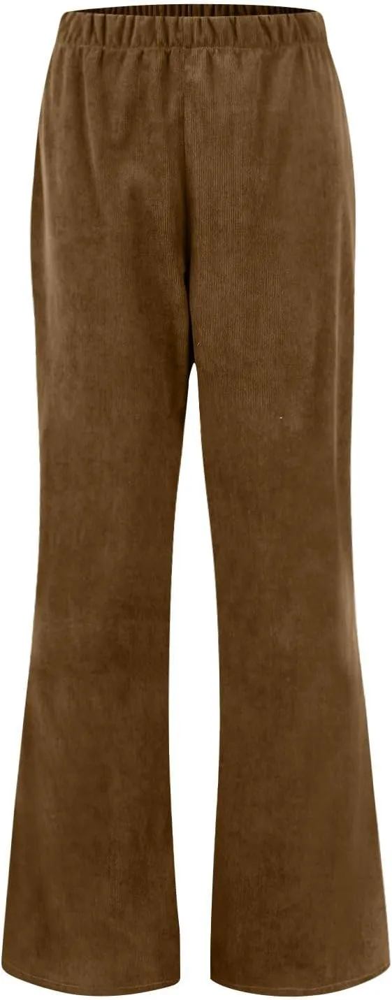 Corduroy Pants Women Casual Elastic High Waisted Flare Pants Bell Bottom Comfy Work Pants Cord Trousers Pants