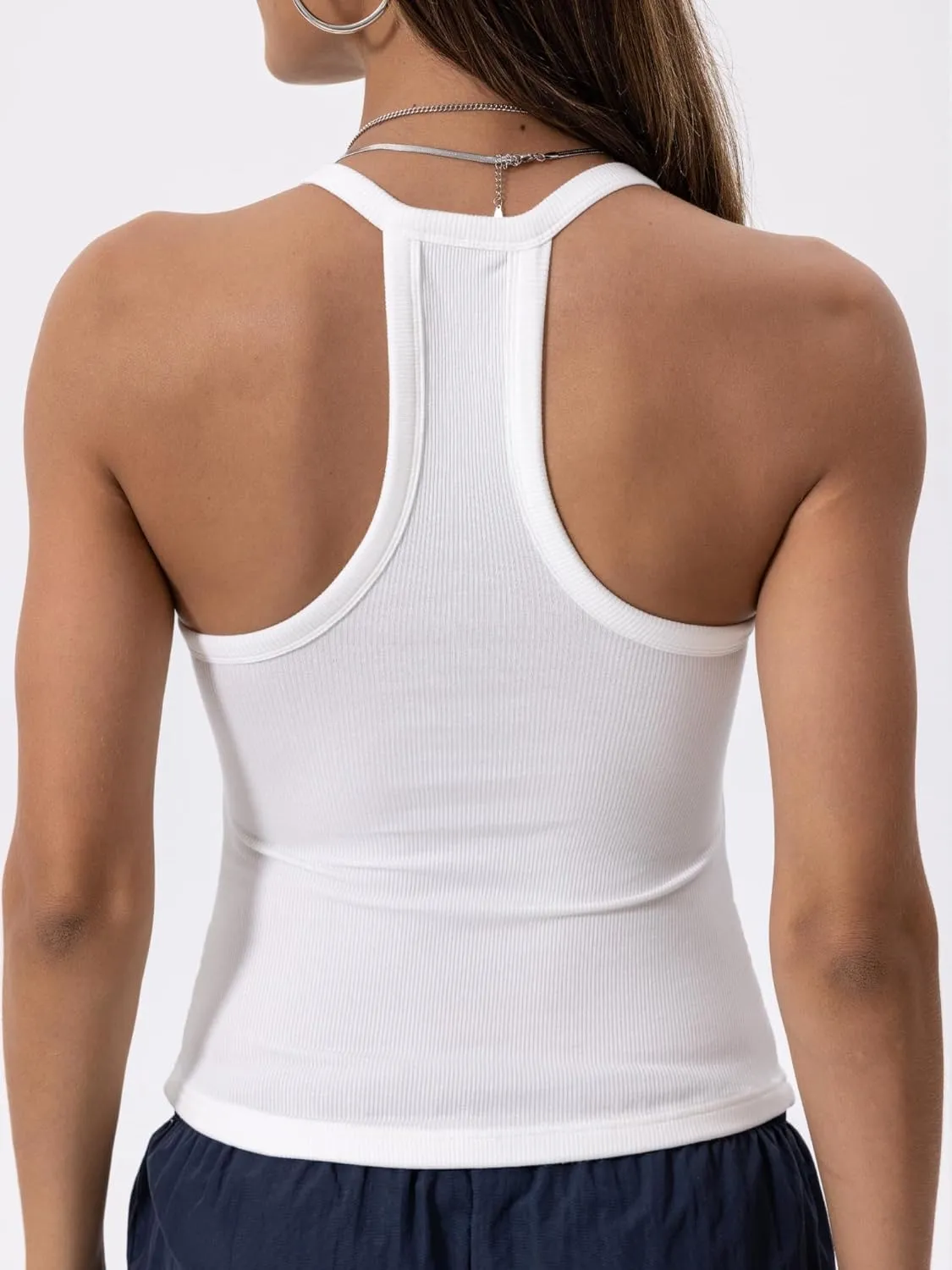 Danysu V Neck Racer Back Tank Top for Women Padded Ribbed Long Tank Fitted Basic Cami Tops
