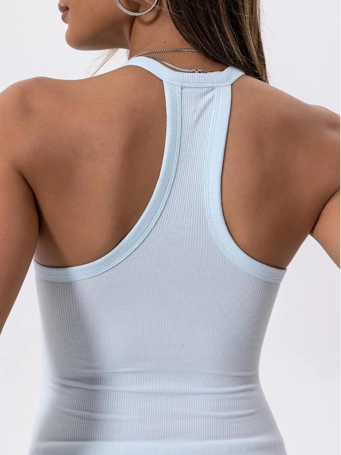 Danysu V Neck Racer Back Tank Top for Women Padded Ribbed Long Tank Fitted Basic Cami Tops