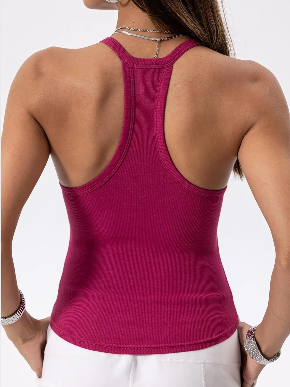 Danysu V Neck Racer Back Tank Top for Women Padded Ribbed Long Tank Fitted Basic Cami Tops
