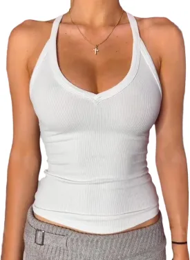 Danysu V Neck Racer Back Tank Top for Women Padded Ribbed Long Tank Fitted Basic Cami Tops