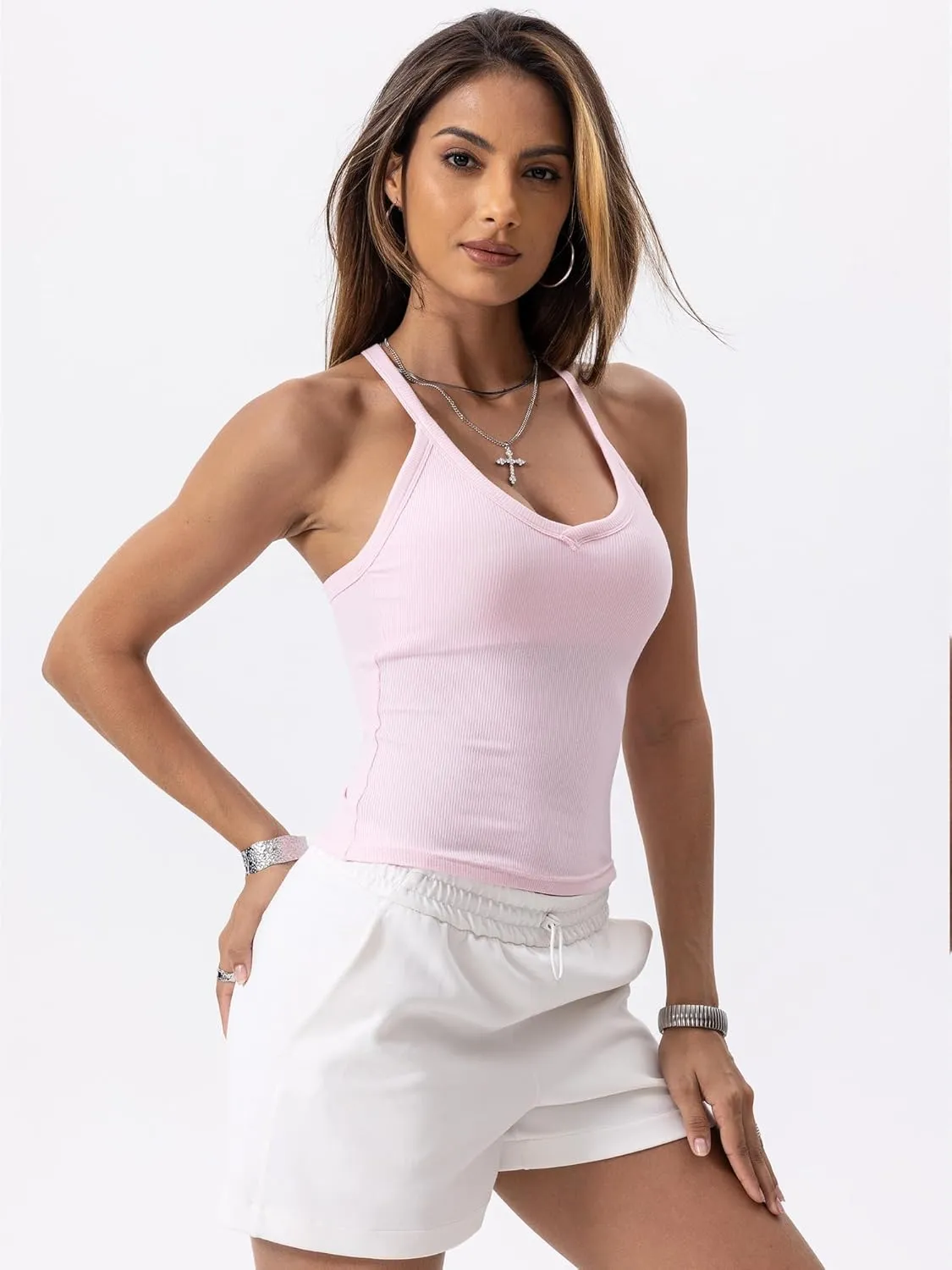 Danysu V Neck Racer Back Tank Top for Women Padded Ribbed Long Tank Fitted Basic Cami Tops