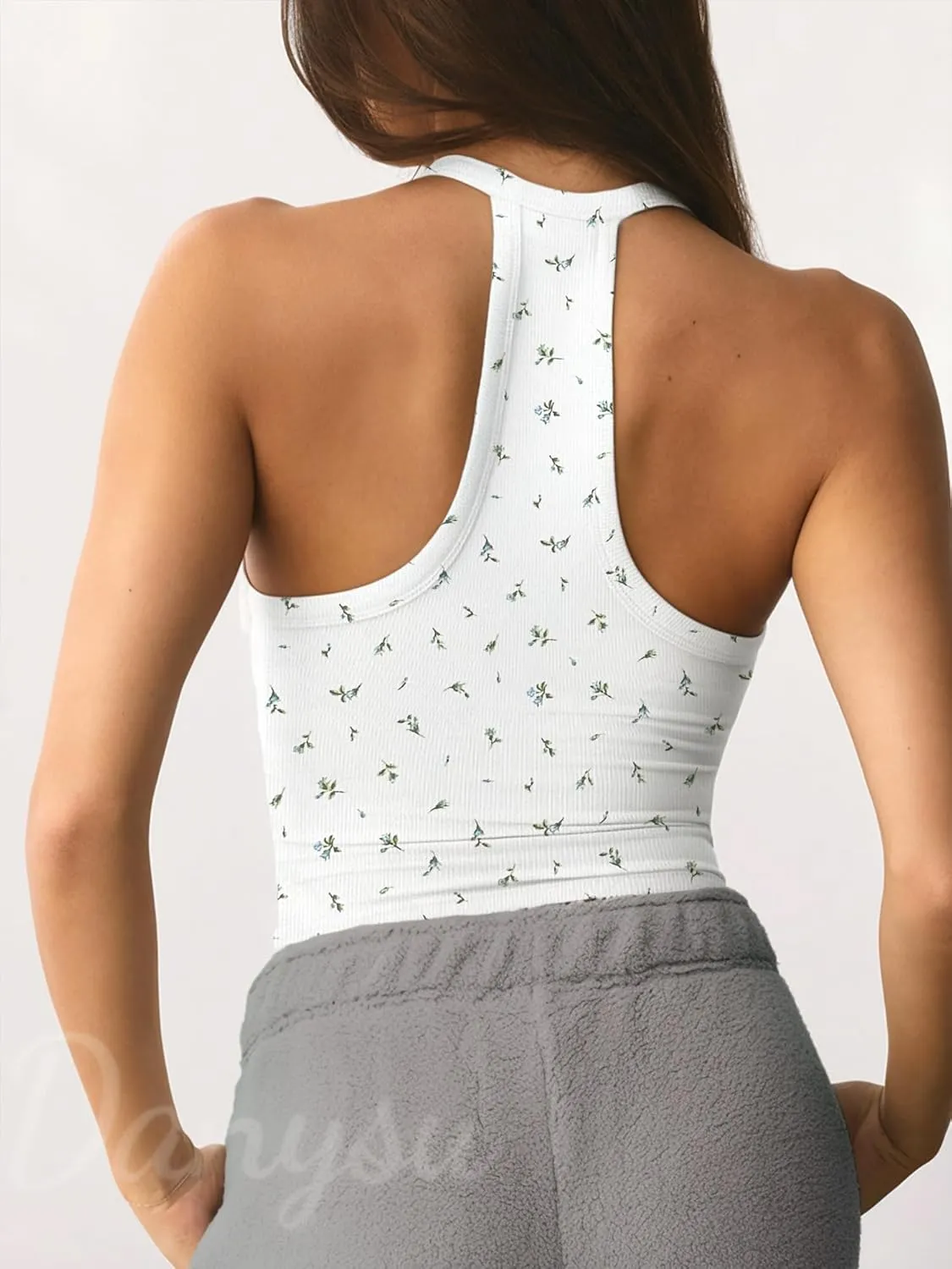 Danysu V Neck Racer Back Tank Top for Women Padded Ribbed Long Tank Fitted Basic Cami Tops