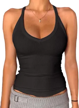 Danysu V Neck Racer Back Tank Top for Women Padded Ribbed Long Tank Fitted Basic Cami Tops