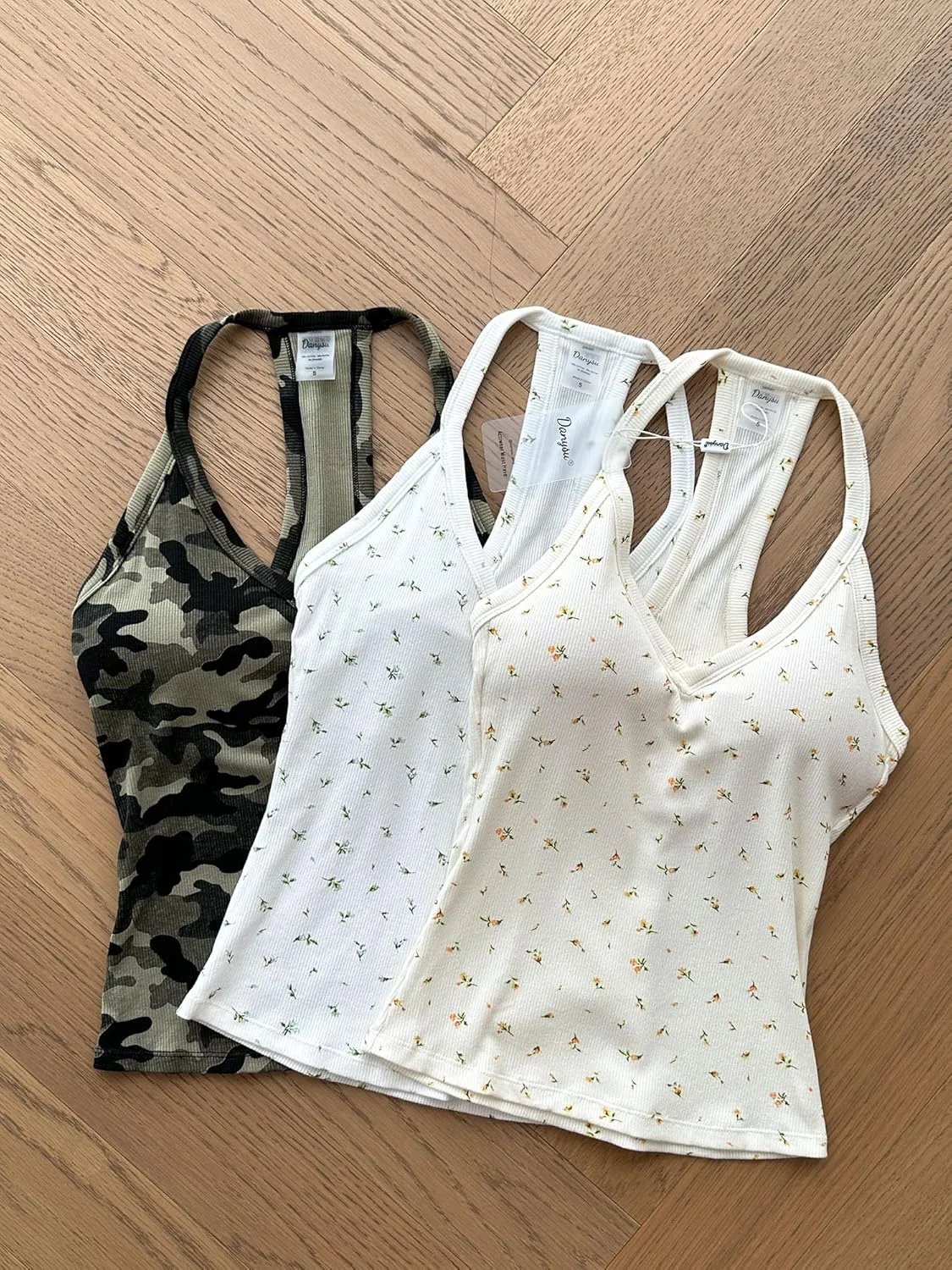Danysu V Neck Racer Back Tank Top for Women Padded Ribbed Long Tank Fitted Basic Cami Tops