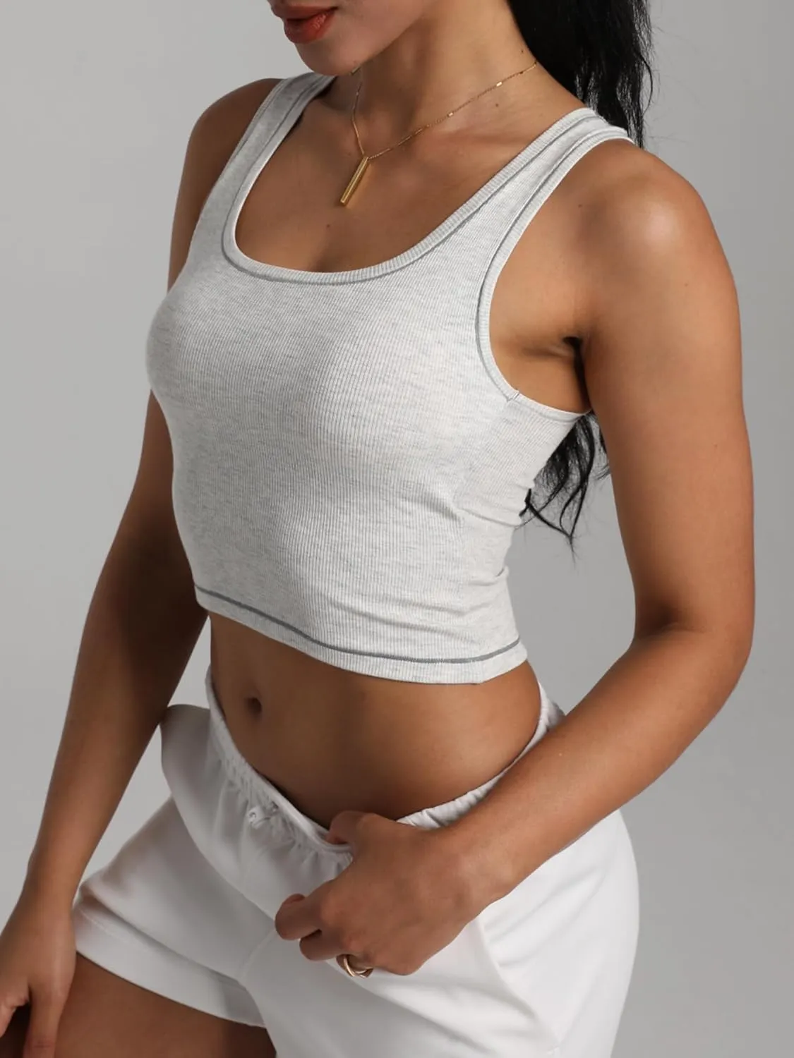 Danysu Women Rib Tank Top Padded Workout Top Square Neck Crop Tank Fitted Basic Cami Tops