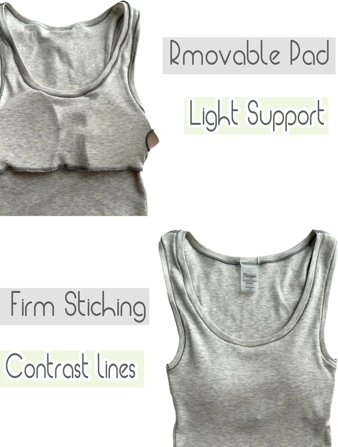 Danysu Women Rib Tank Top Padded Workout Top Square Neck Crop Tank Fitted Basic Cami Tops