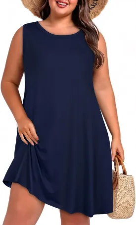 elescat Plus Size Summer Dresses for Women Sleeveless Pockets Beach Tshirt Tank Sundress