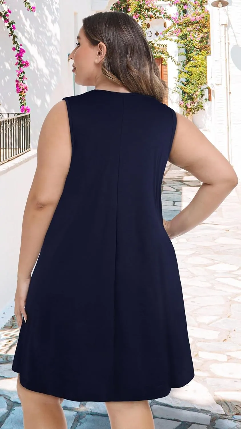 elescat Plus Size Summer Dresses for Women Sleeveless Pockets Beach Tshirt Tank Sundress