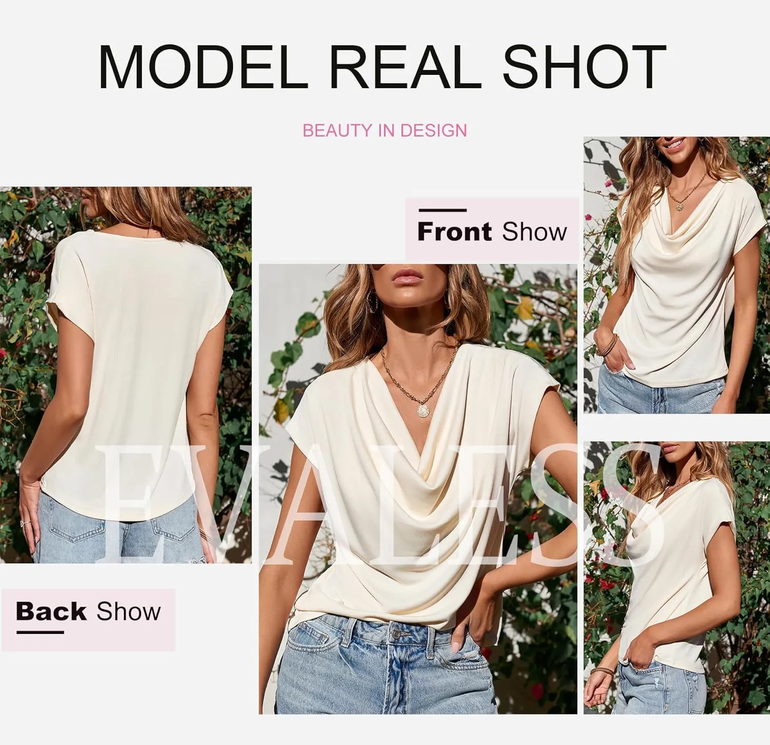 EVALESS Shirts for Women Fashion 2025 Cowl Neck Tops for Women Dressy Casual Short Sleeve Clothes Summer Outfits