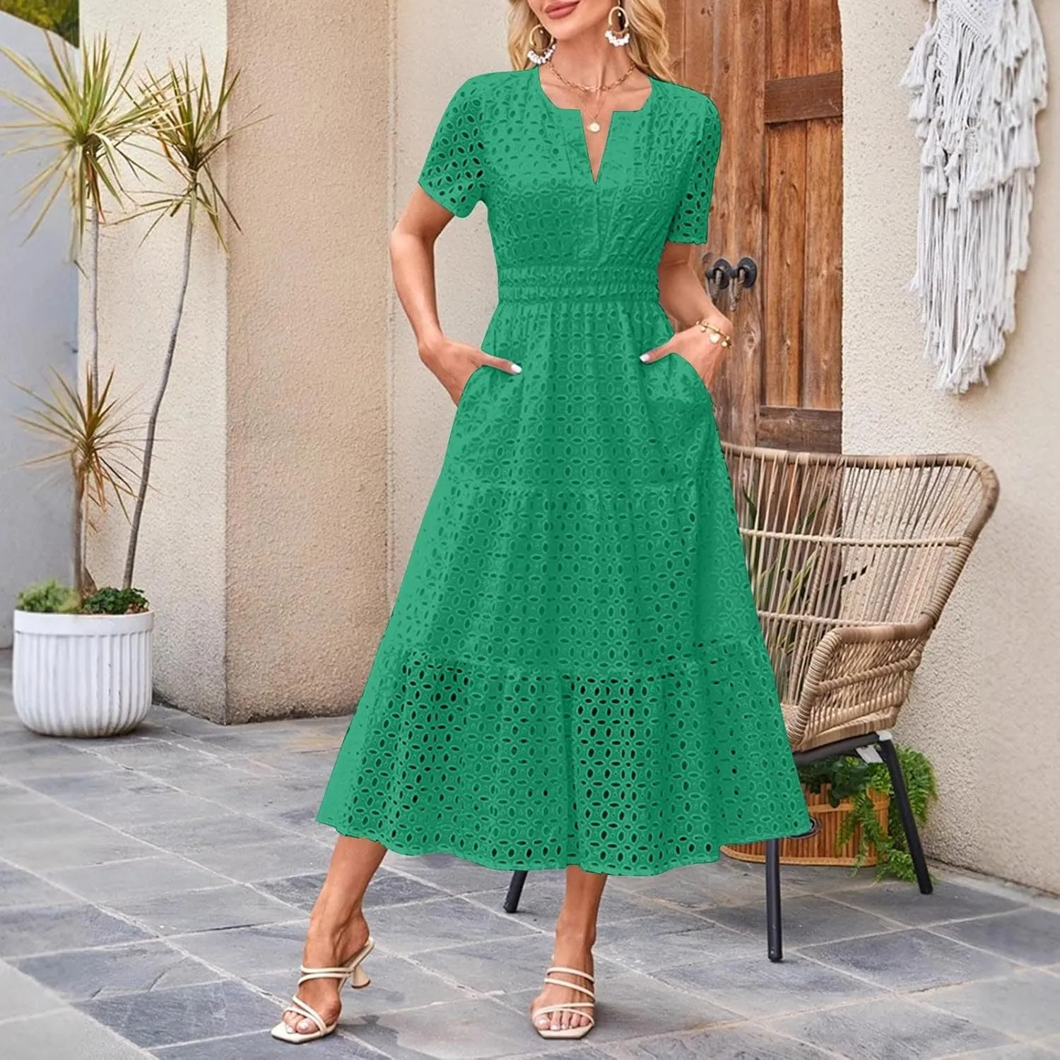 Eyelet Dresses for Women 2025 Cotton Short Sleeve Dresses Casual V Neck Maxi Sundress Summer Vacation Sundress