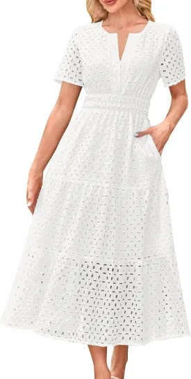 Eyelet Dresses for Women 2025 Cotton Short Sleeve Dresses Casual V Neck Maxi Sundress Summer Vacation Sundress