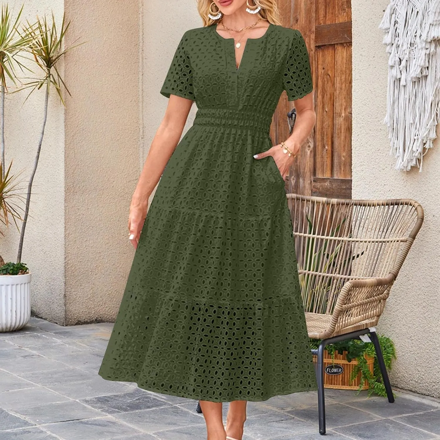 Eyelet Dresses for Women 2025 Cotton Short Sleeve Dresses Casual V Neck Maxi Sundress Summer Vacation Sundress