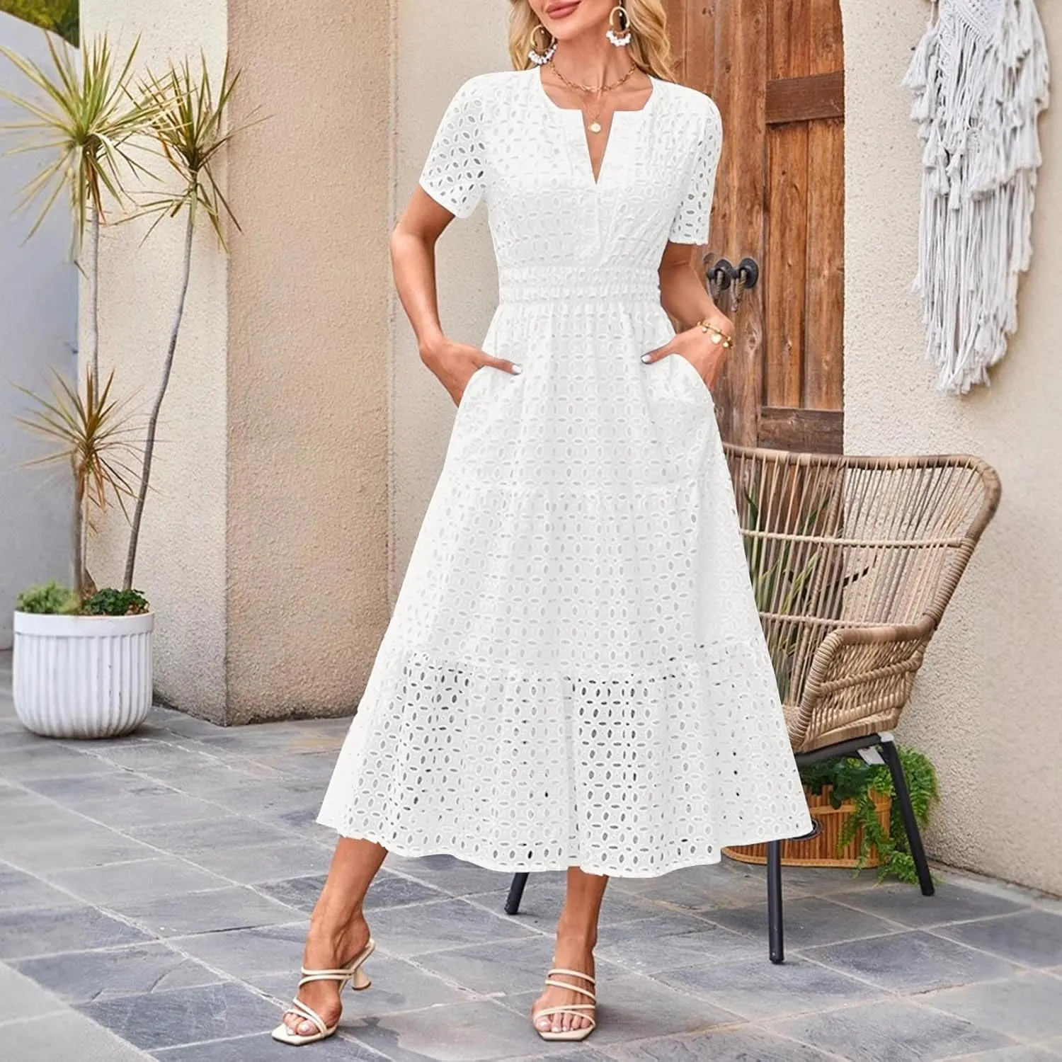 Eyelet Dresses for Women 2025 Cotton Short Sleeve Dresses Casual V Neck Maxi Sundress Summer Vacation Sundress