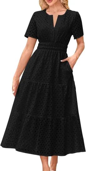 Eyelet Dresses for Women 2025 Cotton Short Sleeve Dresses Casual V Neck Maxi Sundress Summer Vacation Sundress