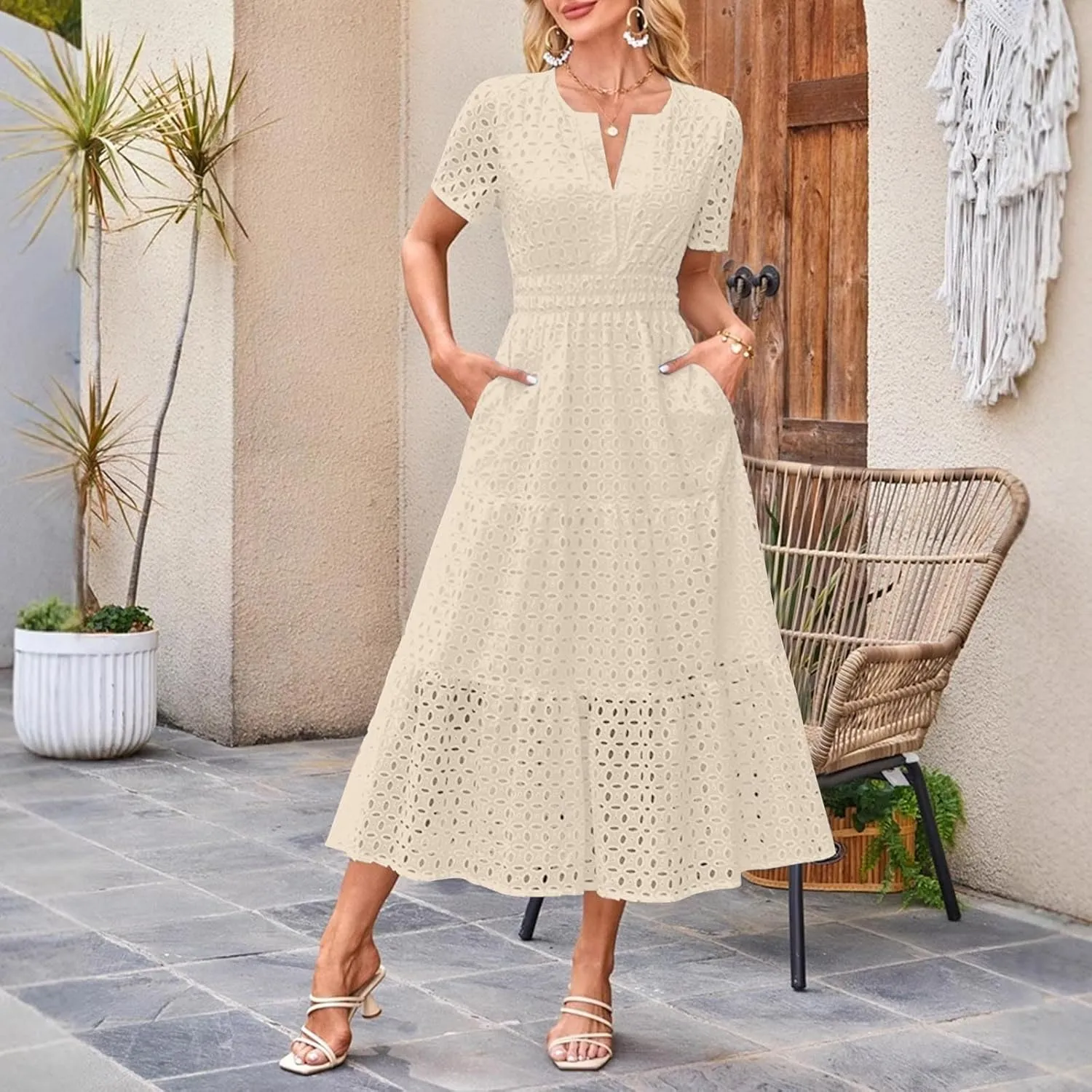 Eyelet Dresses for Women 2025 Cotton Short Sleeve Dresses Casual V Neck Maxi Sundress Summer Vacation Sundress